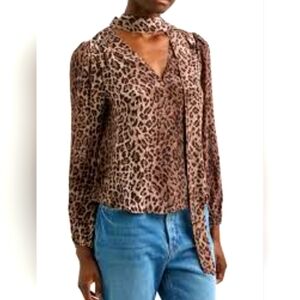 RIXO Moss Leopard Print Silk Tie Neck Bishop Sleeve Blouse
